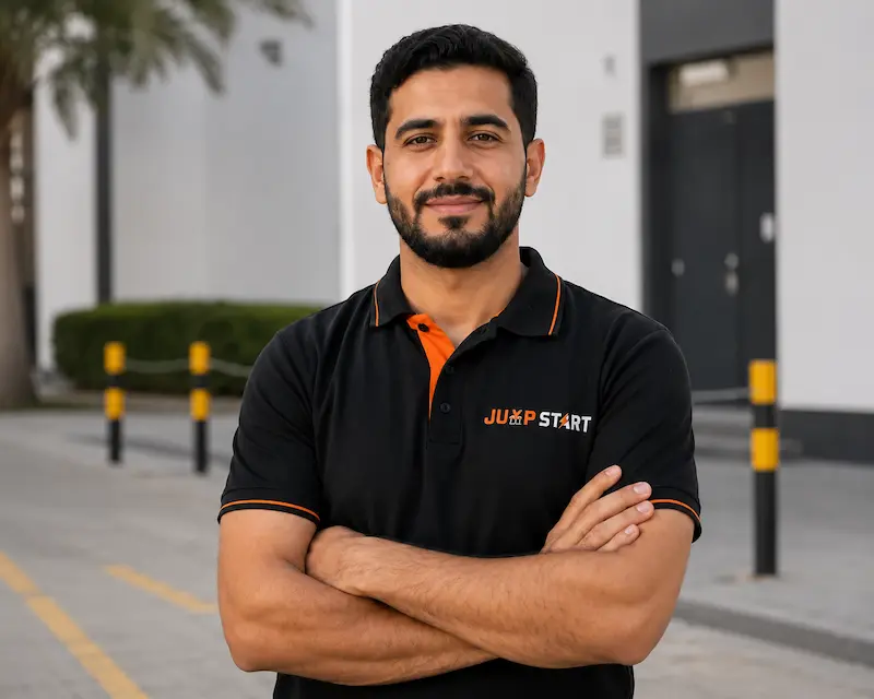 Portrait of Ahmed Mansour, Roadside Mechanic, delivering reliable roadside repair and vehicle assistance services.