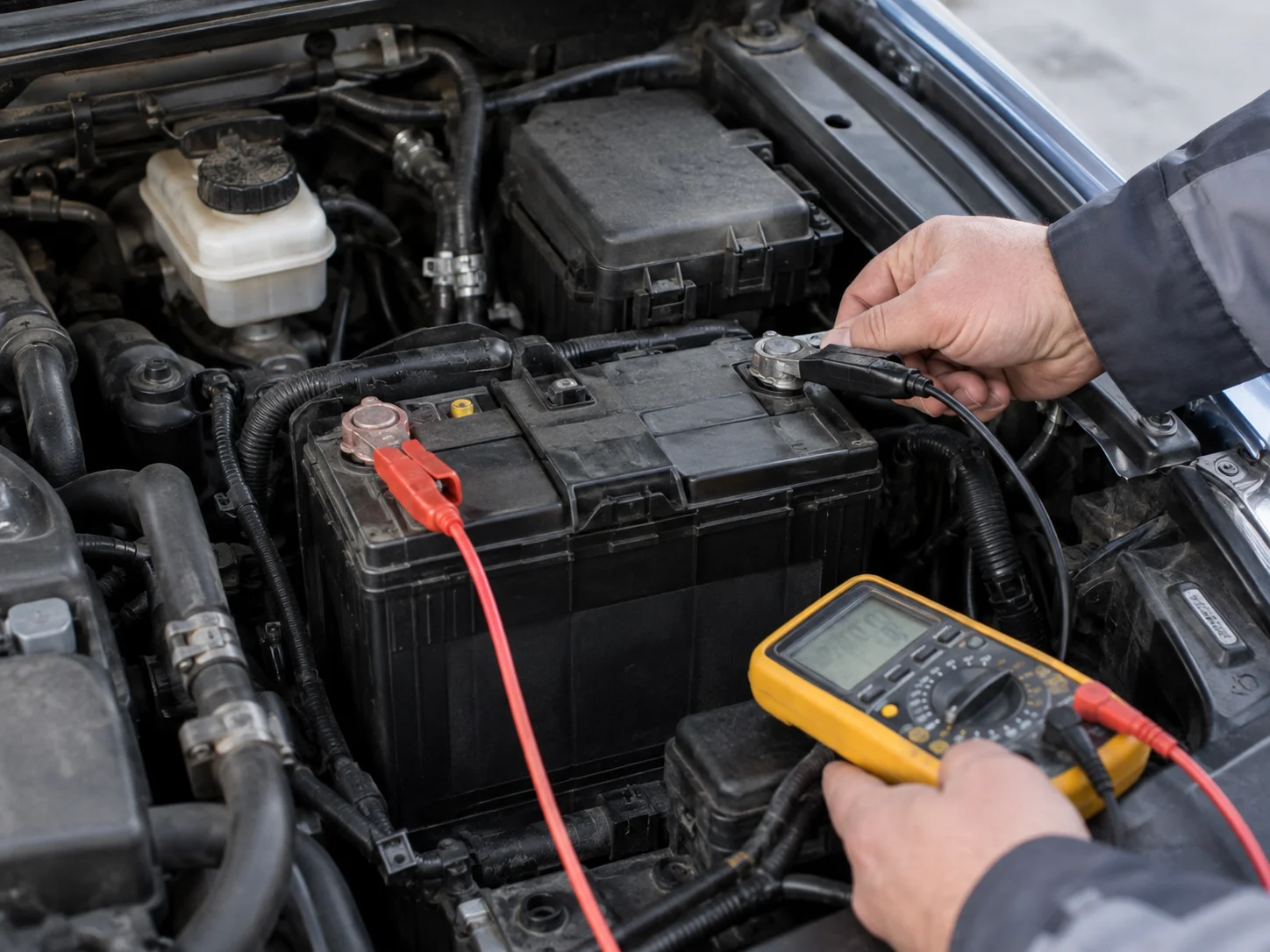 Technician checking car battery voltage with a multimeter