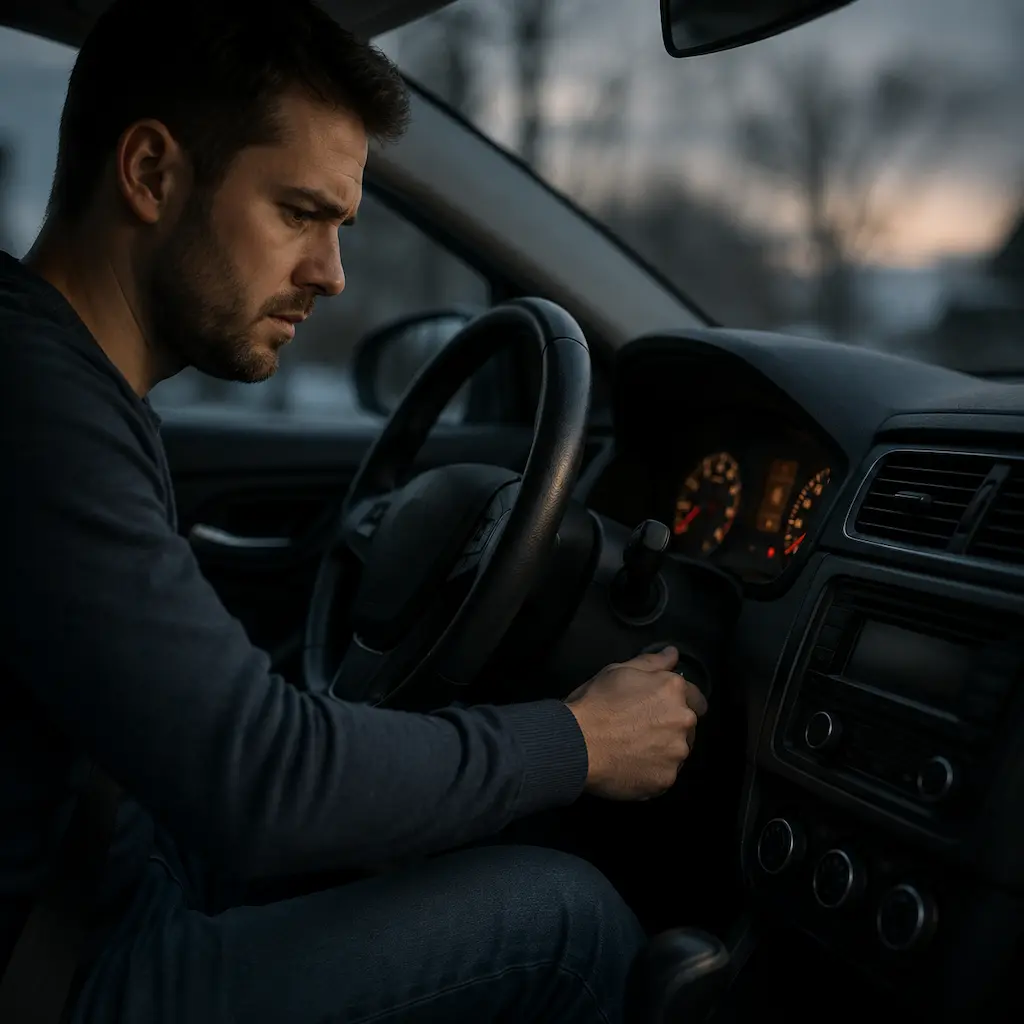 Driver trying to start a car while experiencing a rapid clicking noise caused by a possible battery or starter issue.