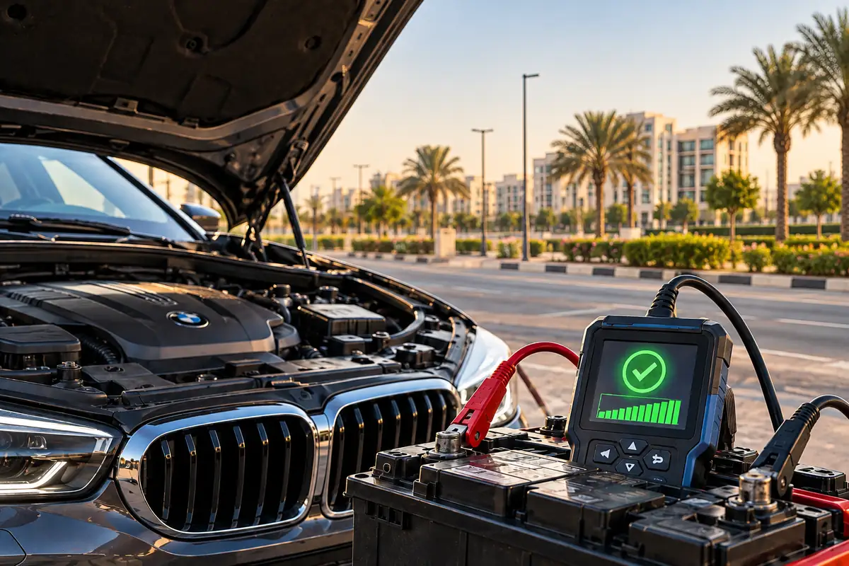 BMW battery testing in Dubai showing a passing result