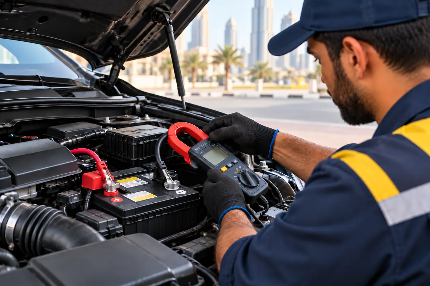 Technician testing a car battery with a clamp meter in Dubai