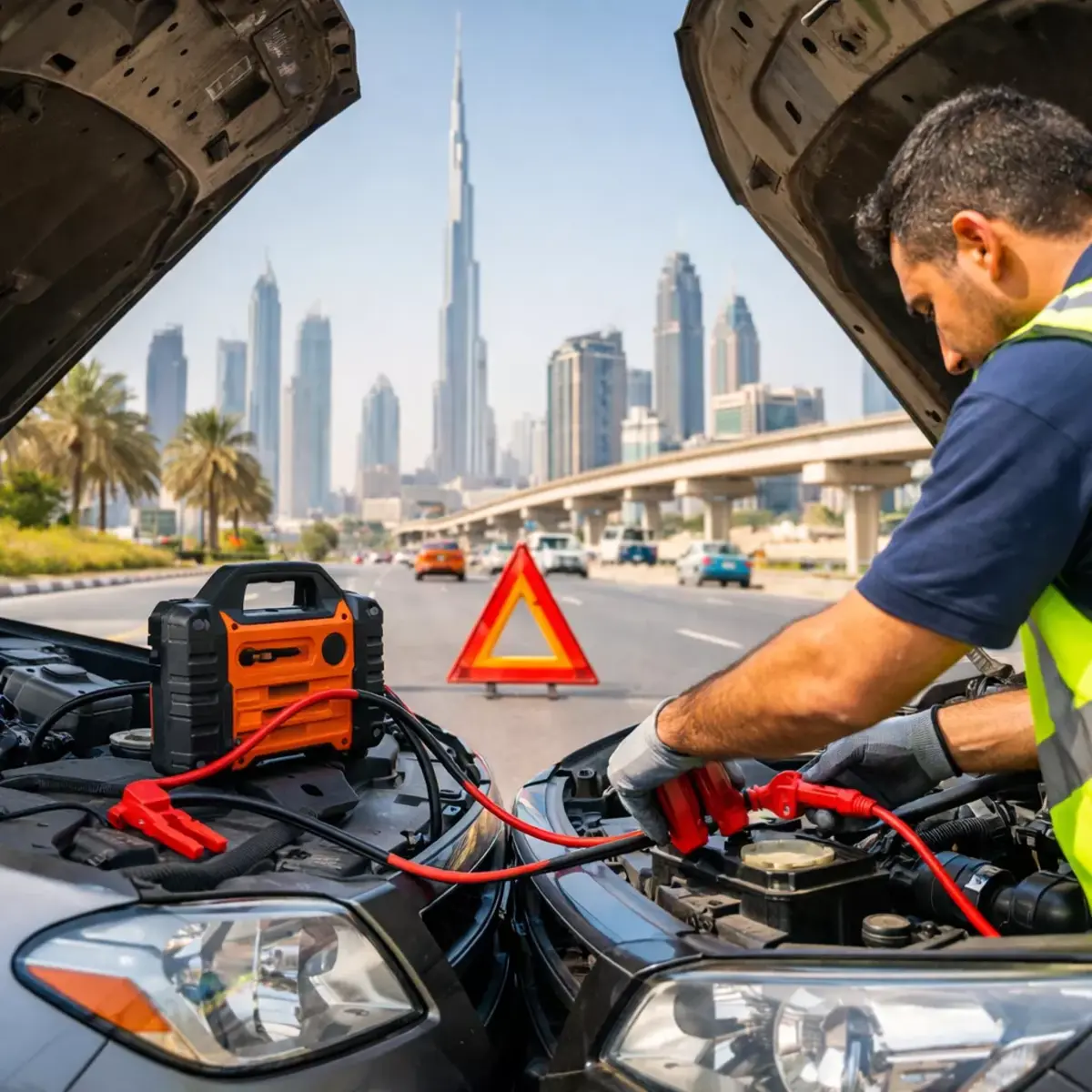 Technician jump-starting a car battery in Dubai with a portable jump starter and jumper cables on a city road near Burj Khalifa