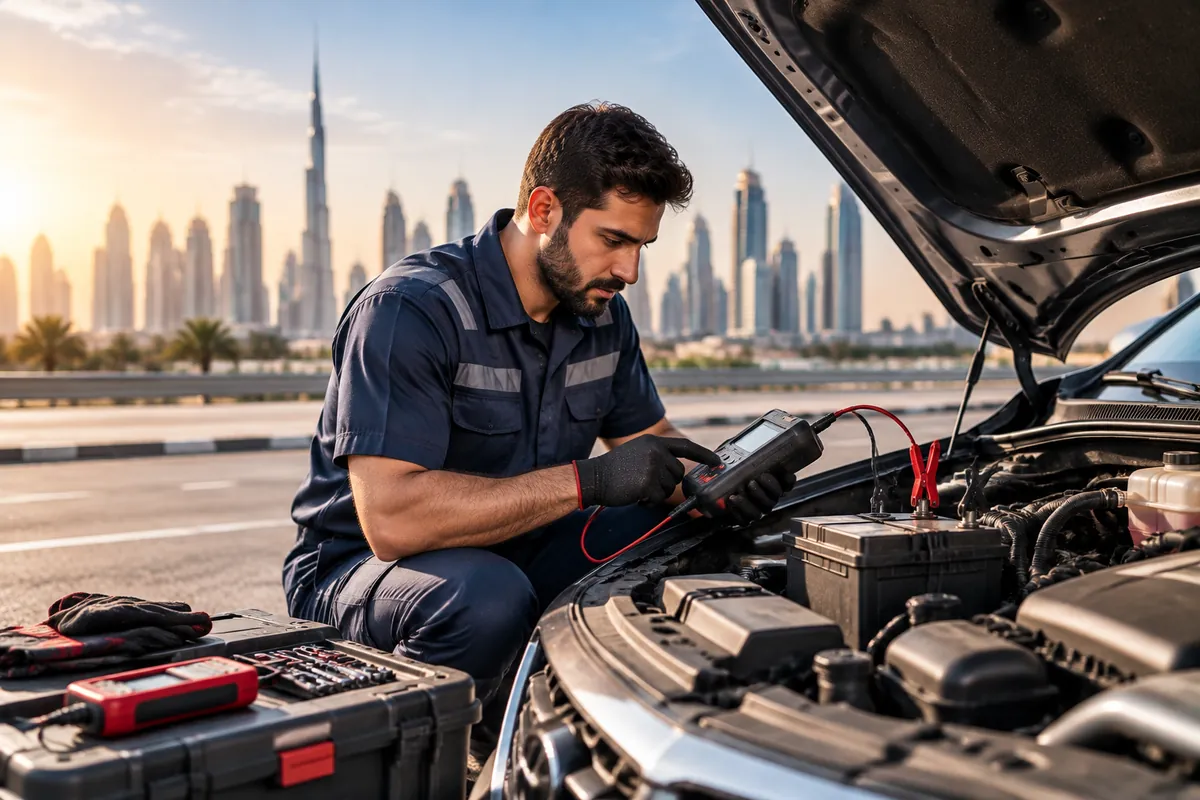 Technician testing car battery with diagnostic equipment