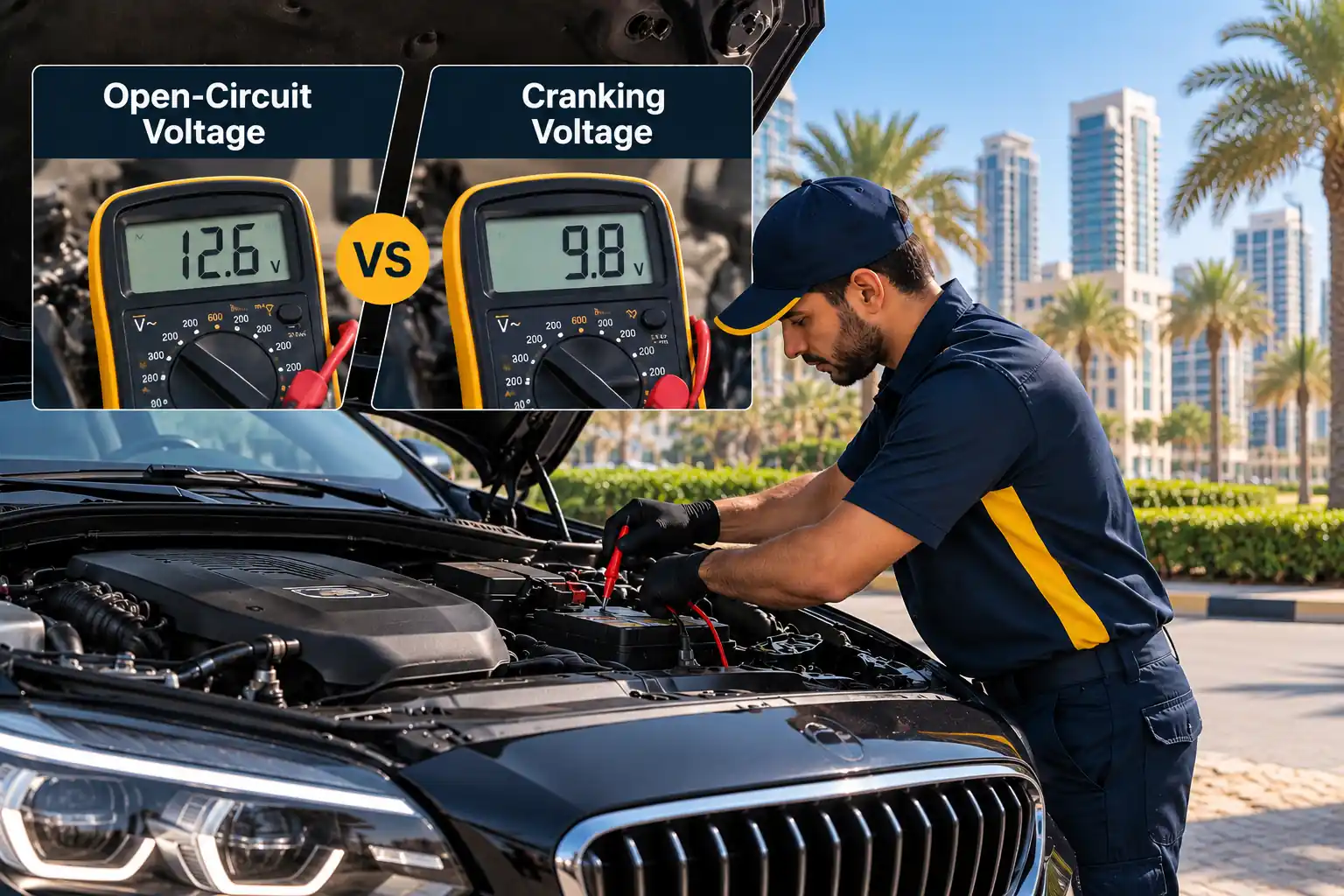 Open-circuit vs cranking voltage comparison during car battery testing